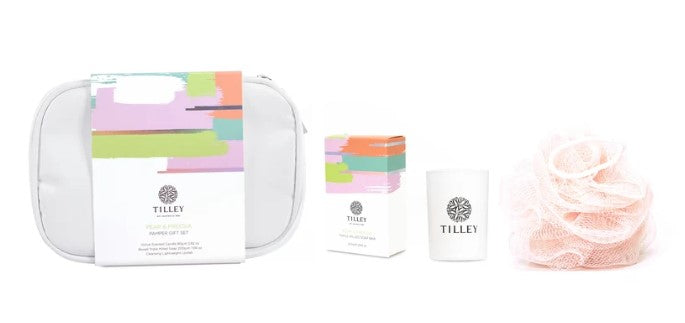 TILLEY PAMPER SET PEAR & FREESIA CANDLE SOAP & LOOFAH
