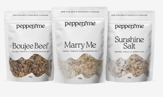 PEPPER & ME POCKET ROCKETS BOXED Sunshine Salt 60g, Boujee Beef 80g, Marry Me 60g